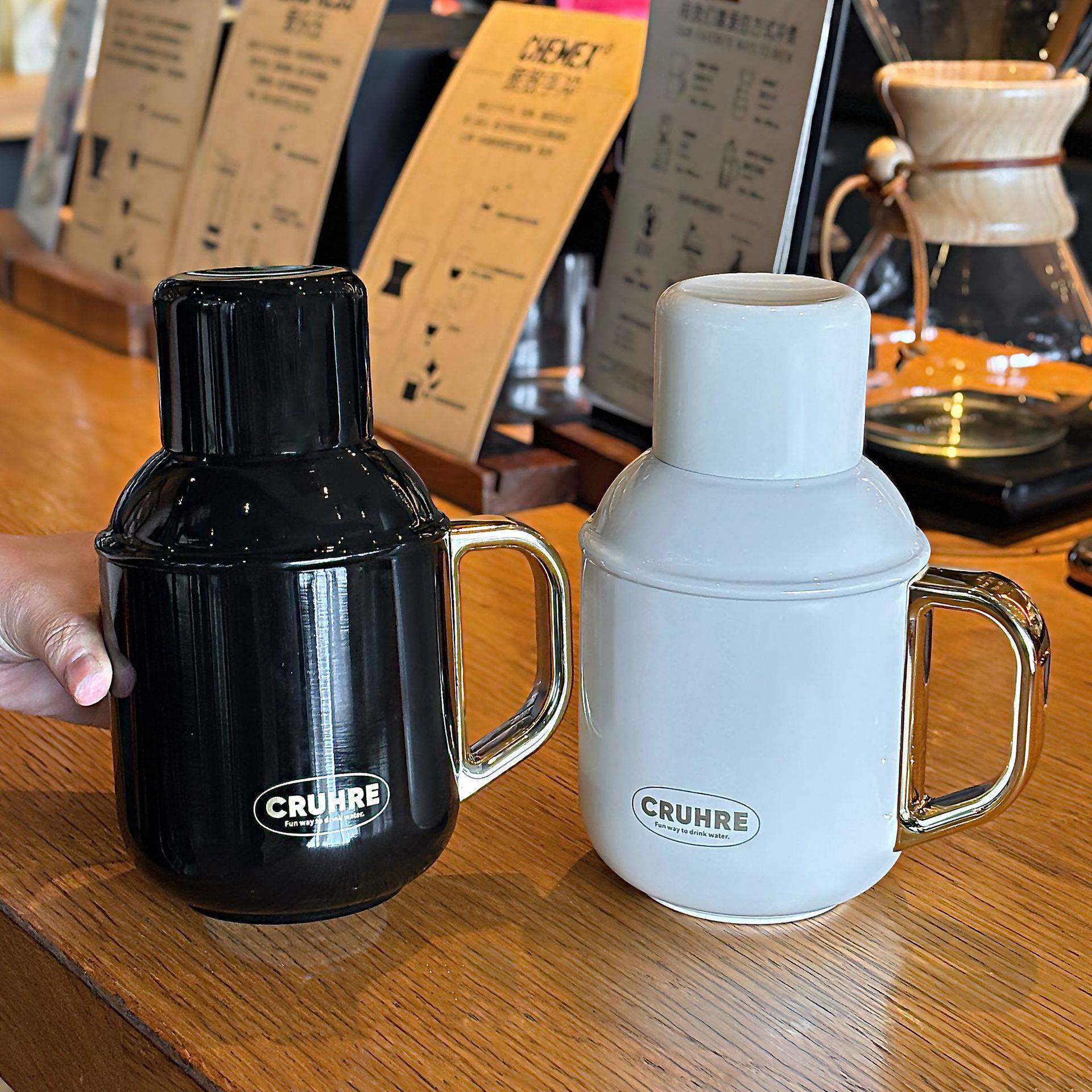 轻奢简约纯色桌面保温杯坚固提环方便携带独立水杯盖一杯双饮水杯