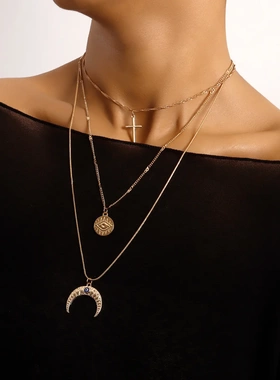 欧美饰品 轻奢风潮流多层十字架蓝色月牙吊坠项链女