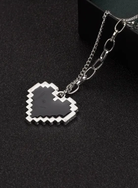 热款黑色克爱心像素桃心双层叠带项链冷淡风嘻哈吊坠潮流