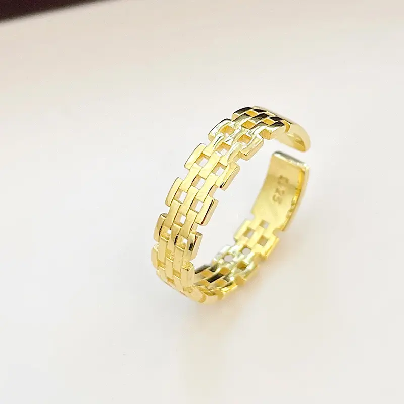 s925镀金色简约镂空表带戒指女复古几何高级感开口指环指戒