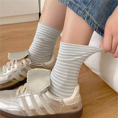 奶纹条子女油中筒袜春URO夏季薄款简约ins潮韩版学生日系夏天袜长