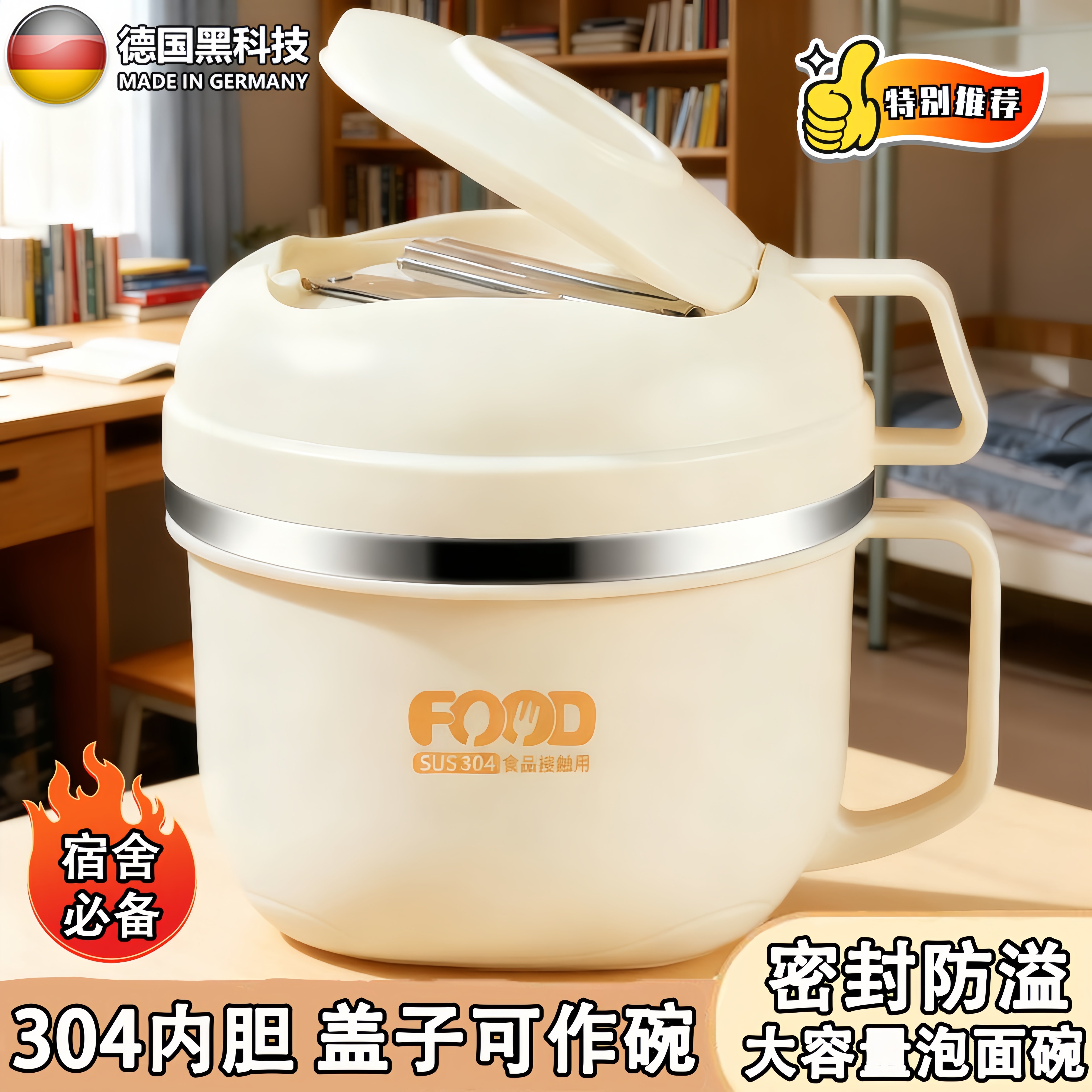 德国泡面碗宿舍带盖304不锈钢大容量学生宿舍打饭便当盒隔热防烫,餐饮具,泡面碗,淘宝优惠券,粉丝福利购,淘宝优惠卷