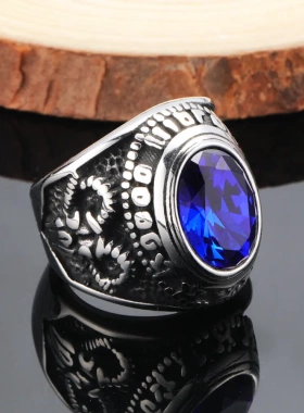 爆款 欧美朋克复古共济会眼怪兽羊头宝石钛钢男戒指 直销