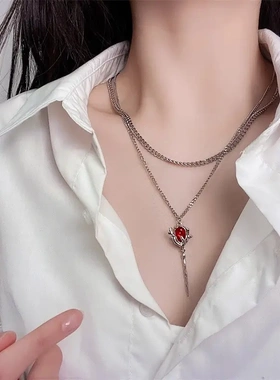 红色锆石顶针项链女轻奢小众配饰2023新款爆款双层叠戴颈链