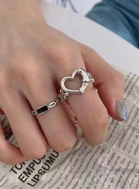 韩国东大门镂空心形爱心桃心黑色链条戒指女食指合金时尚个性