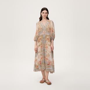 【100%桑蚕丝】HiSaily海莎莉夏季淡雅风印花连衣裙女沙滩度假风