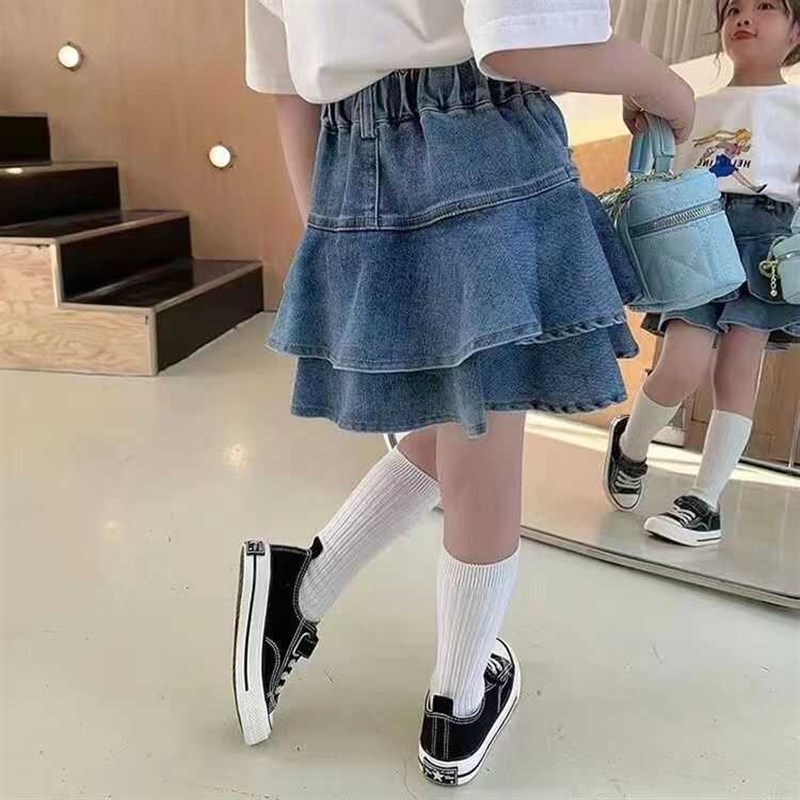 女童牛仔半身裙夏季新款弹力牛仔裙带内衬中大童儿童洋气牛仔短裙