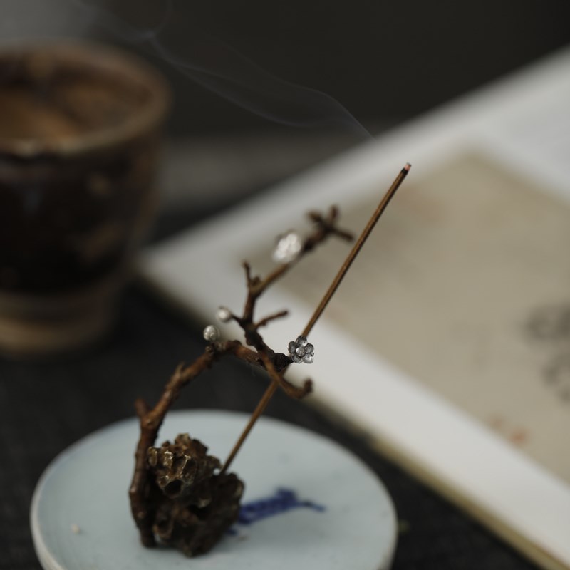 月拾伍全手工雕刻高端香器梅花铜制C石梅银香插手工便携香座长12C