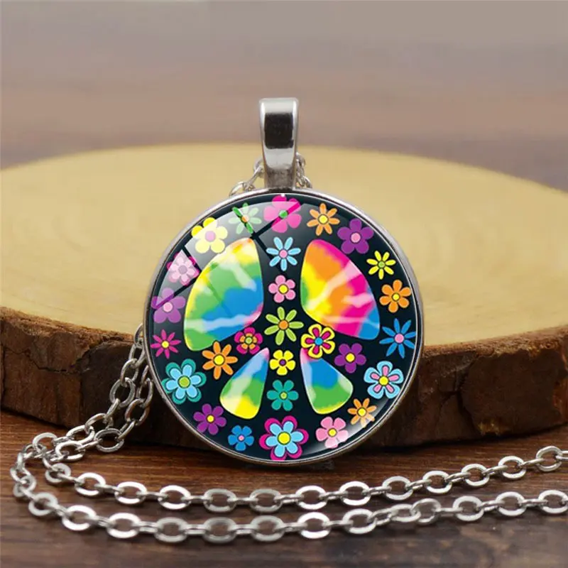 新品花和平标志时光宝石吊坠项链女复古毛衣链欧美饰品