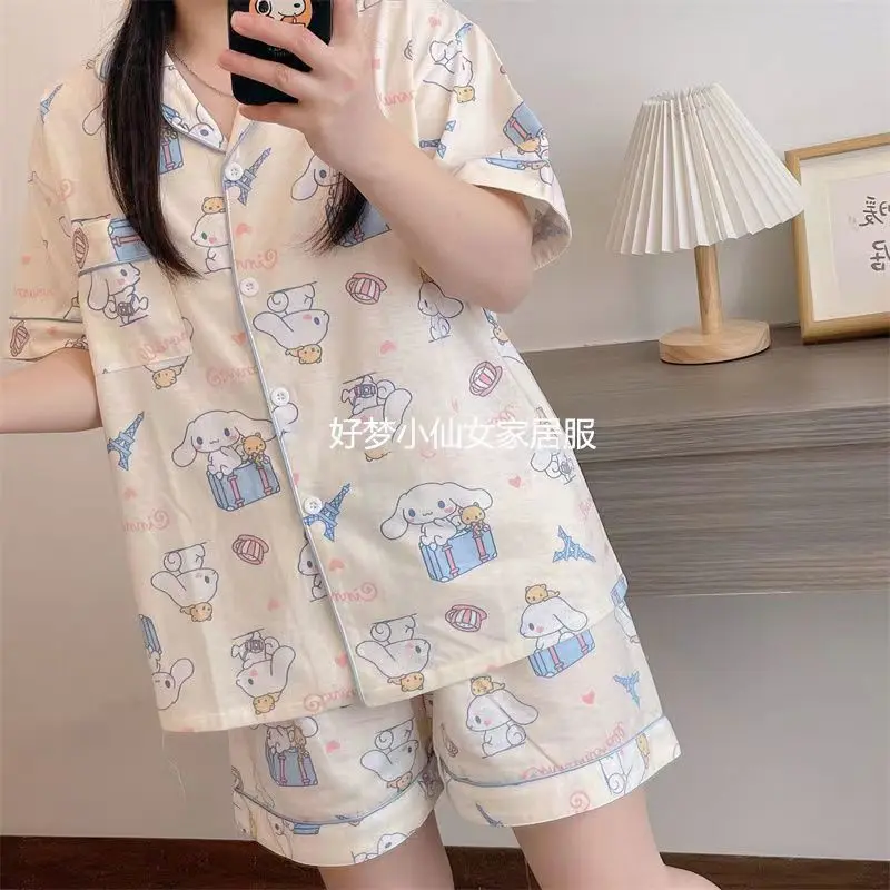 睡衣女ins清新夏天短袖短裤韩版开衫薄款日系家居服两件套装