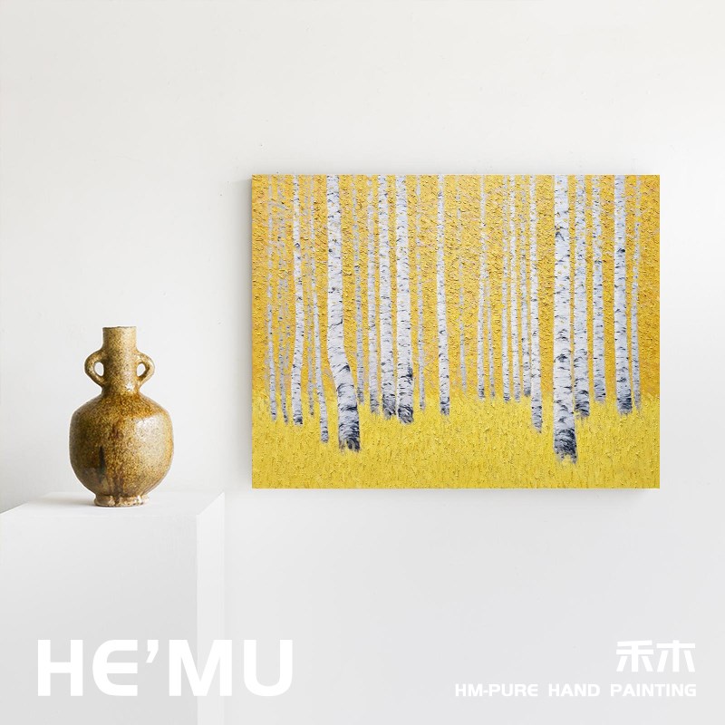 美式侘寂抽象白桦树林客厅餐厅风景装饰挂画小众艺术玄关手绘油画