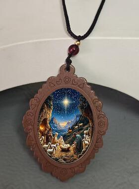 跨境新品 星星星空下的聚会的图案椭圆玻璃木制底座吊坠项链