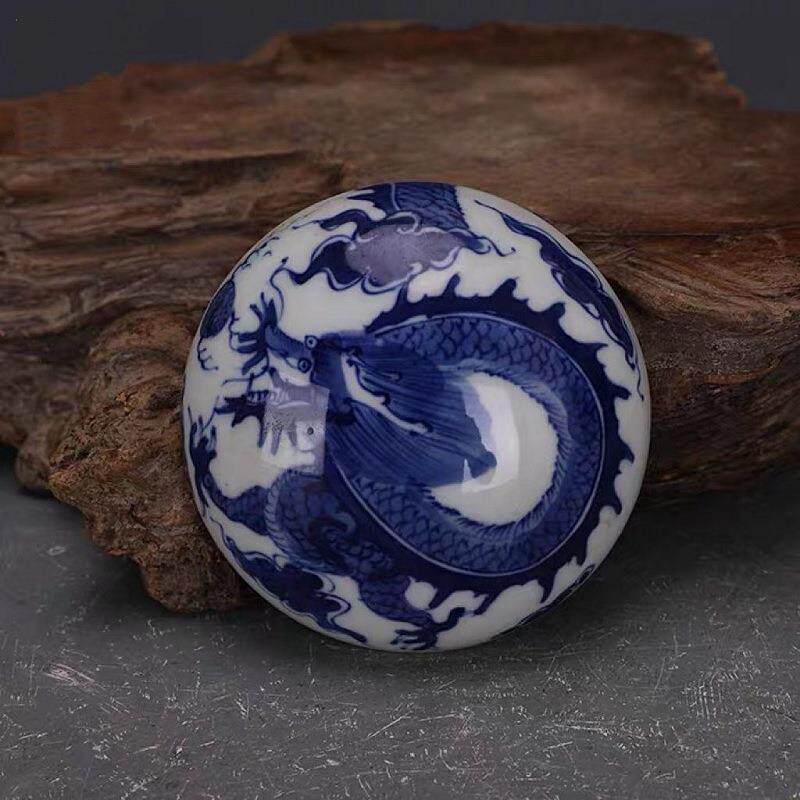 清晚期手绘青花龙纹印泥盒粉盒古工业陶瓷