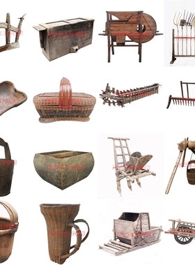 民俗老物件农村旧农耕工具风车木犁木耙农具木车怀旧复古装饰摆饰