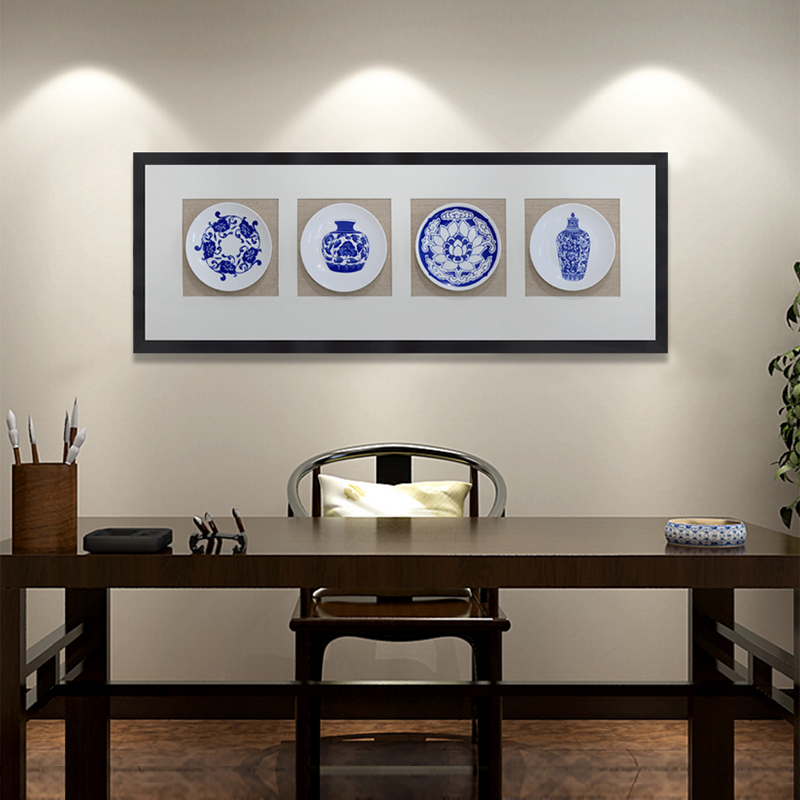 新中式客厅装饰画禅意风景走廊过道挂画玄关样板间壁画青花瓷盘子图片