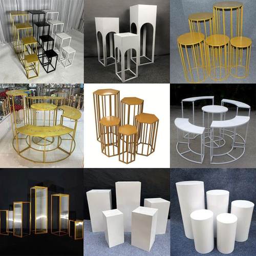 新款婚庆道具铁艺甜品台婚礼路引商场橱窗圆柱甜品桌布置订婚摆件