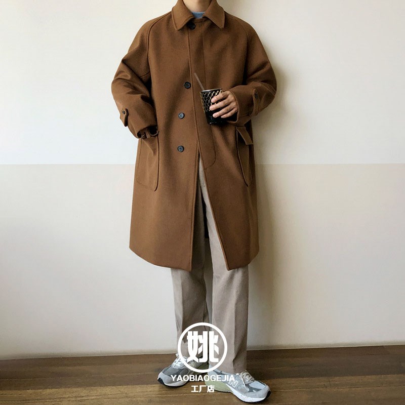 W韩国订单 时髦感翻领大衣男式中长款秋冬加厚英伦风衣毛呢长外套