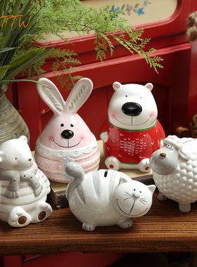 可爱卡通猫咪彩色陶瓷动物玩偶摆放手工绵羊桌面装饰储钱罐礼物