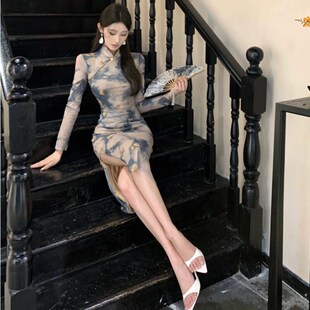 连衣裙 包臀开叉长袖 复古中式 国风优雅气质绝美显白旗袍长裙女修身