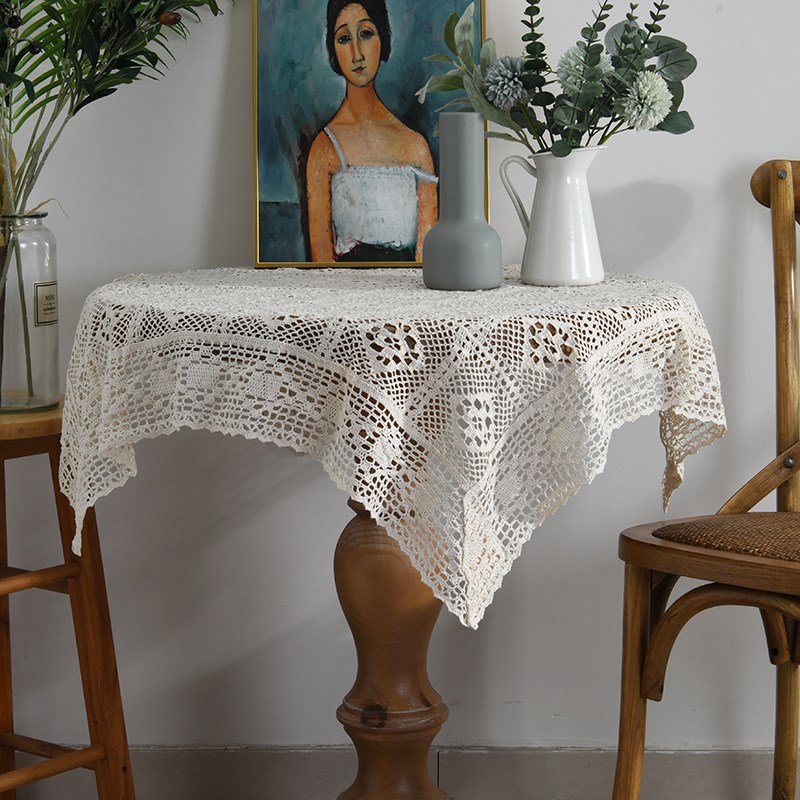 镂空棉质钩针布勾花垫 美式复古拍照背景布文艺米色茶几桌布台布