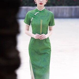 少女款 洋装 式 低开 百搭 2025新款 衩短袖 绿色年轻改良旗袍中式