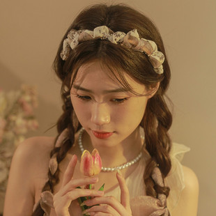 仙气碎花压发发箍女2023新款 头饰精致高级感珍珠网纱飘带编发头箍