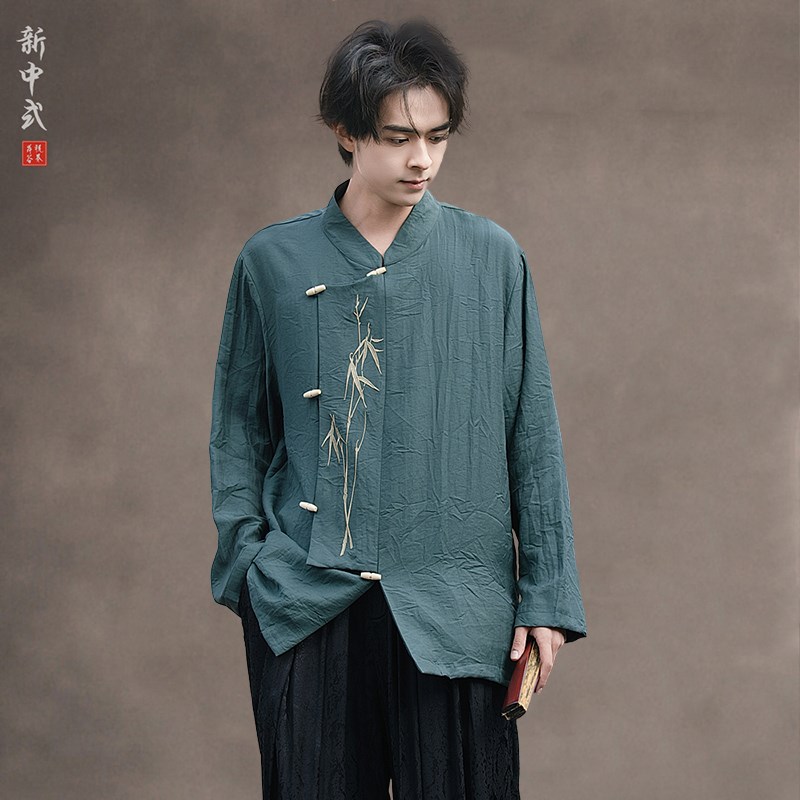 新中式复古薄款休闲斜襟汉服衬衫中国风宽松大码刺绣唐装茶服长袖