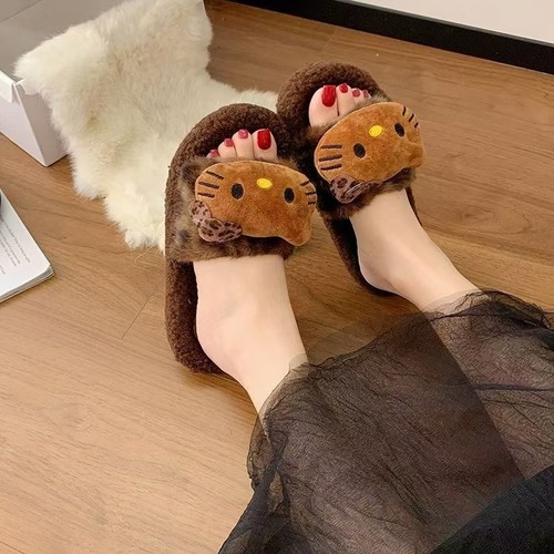 KT猫外穿女羊毛绒卡通可爱外穿拖鞋防滑软底懒人一脚蹬一字拖时尚