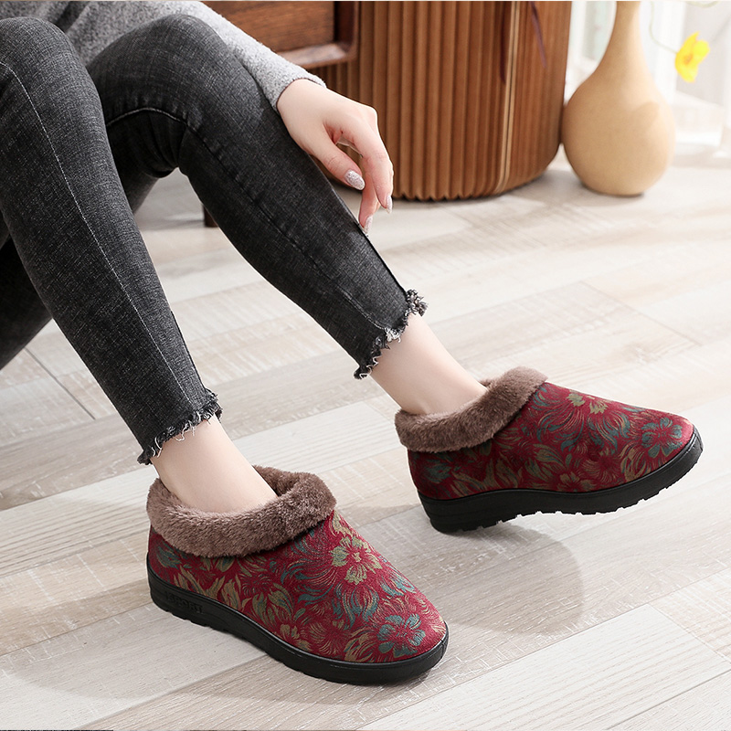 2025新款牡丹花印花老年人妈妈鞋加绒防寒保暖棉鞋加厚雪地靴外穿