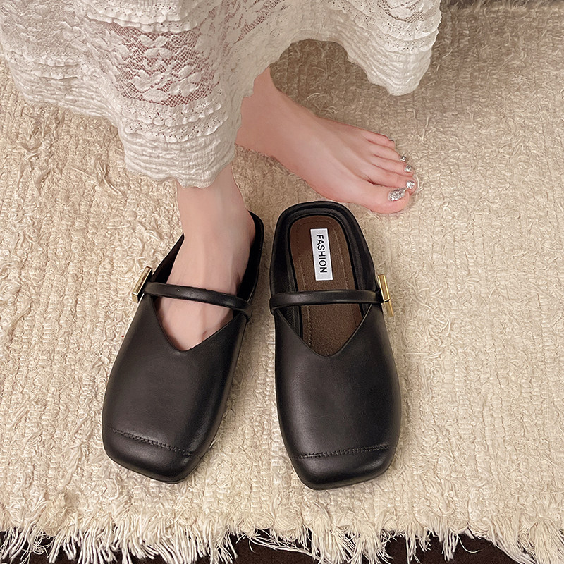 新款2025春夏外穿时尚韩版单鞋懒人一脚蹬包头pvc度假方扣圆头女