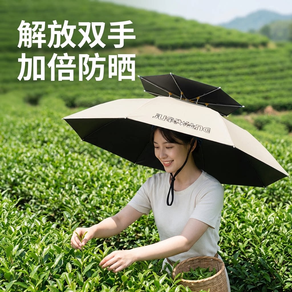 新款头戴式雨伞钓鱼伞帽双层加大号防晒遮阳伞太阳伞折叠透气帽伞