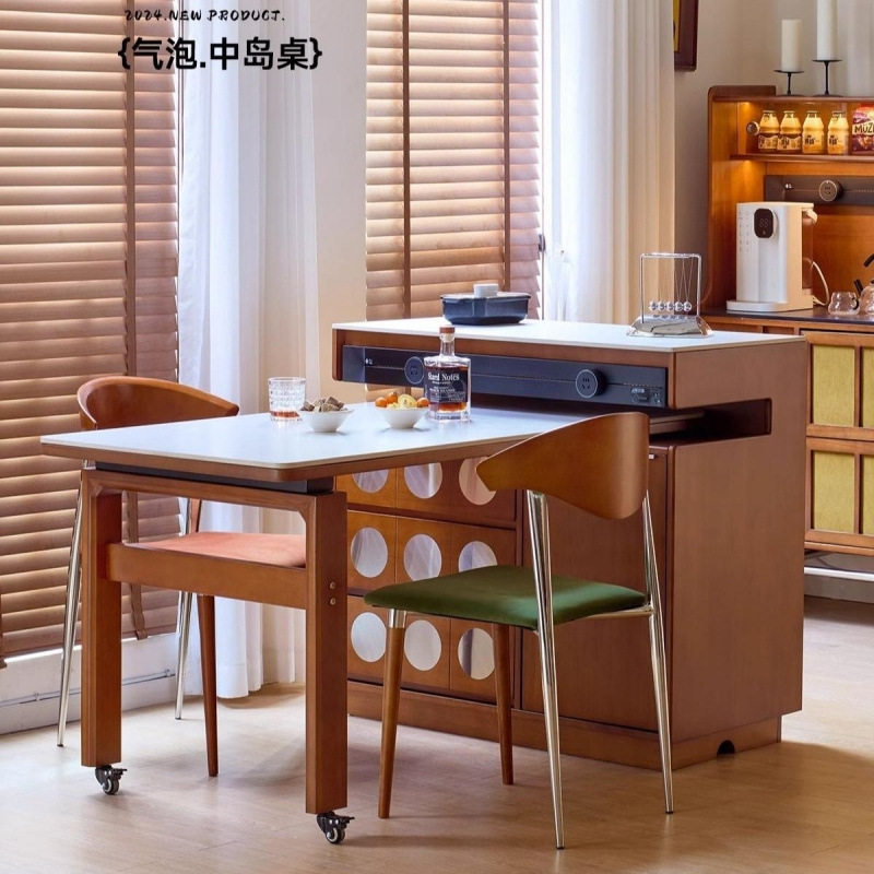 实木岩板小户型奶油岛台餐桌一体家用旋转伸缩多功能简约原木吧台