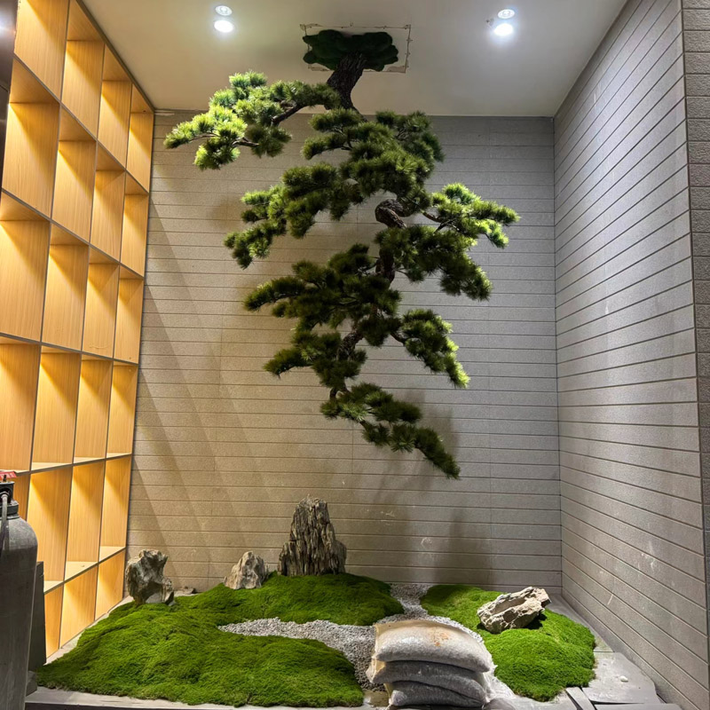 新中式天花板挂件倒挂仿真迎客松树茶室墙面屋顶吊挂假树造景装饰