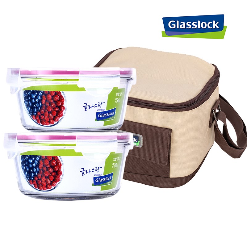 glasslock进口耐热钢化玻璃保鲜盒微波炉加热便当饭盒圆形2件套