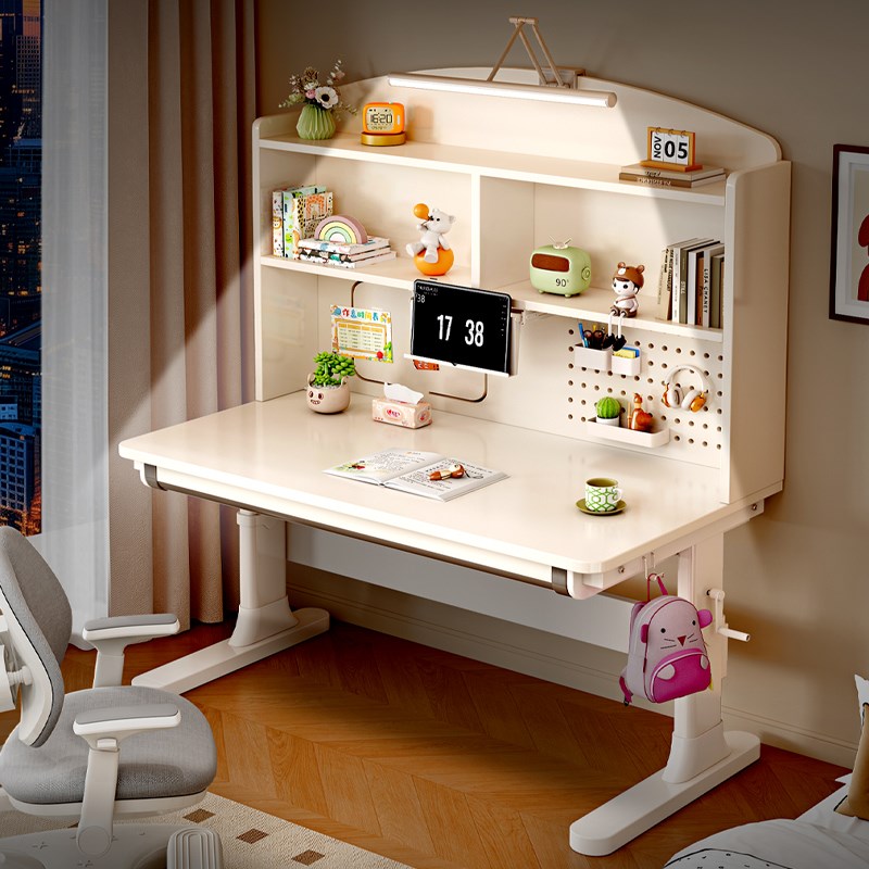 轩之娜儿童学习桌小学生写字桌家用桌灯一体可升降书桌实木作业桌
