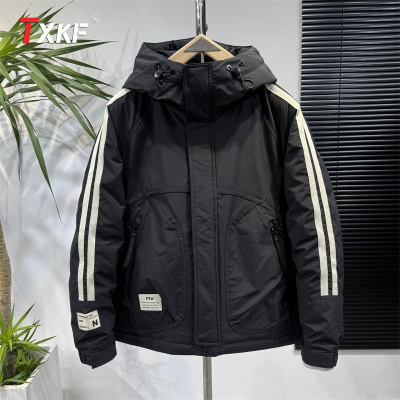 潮牌条纹连帽羽绒服男士2025新款冬季加厚保暖白鸭绒外套棉服男款