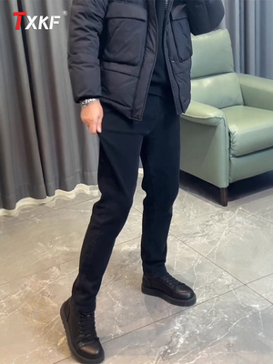 潮牌黑色牛仔裤男士2025新款秋冬季加绒男裤修身直筒休闲裤子男款