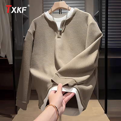 潮牌假两件V领男卫衣男士2025新款春秋冬季加绒长袖t恤打底衫男款