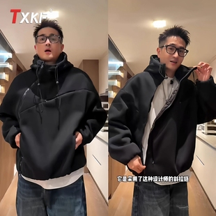 美式重磅斜拉链连帽卫衣男士2025新款春秋冬季设计感加厚外套男款