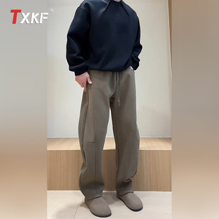 卡其色加绒加厚卫裤男士2025新款秋冬季男裤弯刀直筒休闲裤子男款
