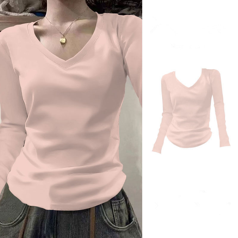 正肩小众设计感纯色V领长袖T恤打底衫女新款春秋内搭修身显瘦上衣