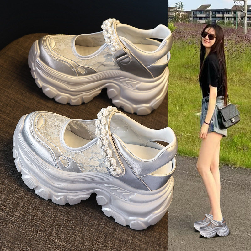 香港轻奢潮厚底内增高魔术贴网面透气老爹鞋女2025夏季运动休闲鞋