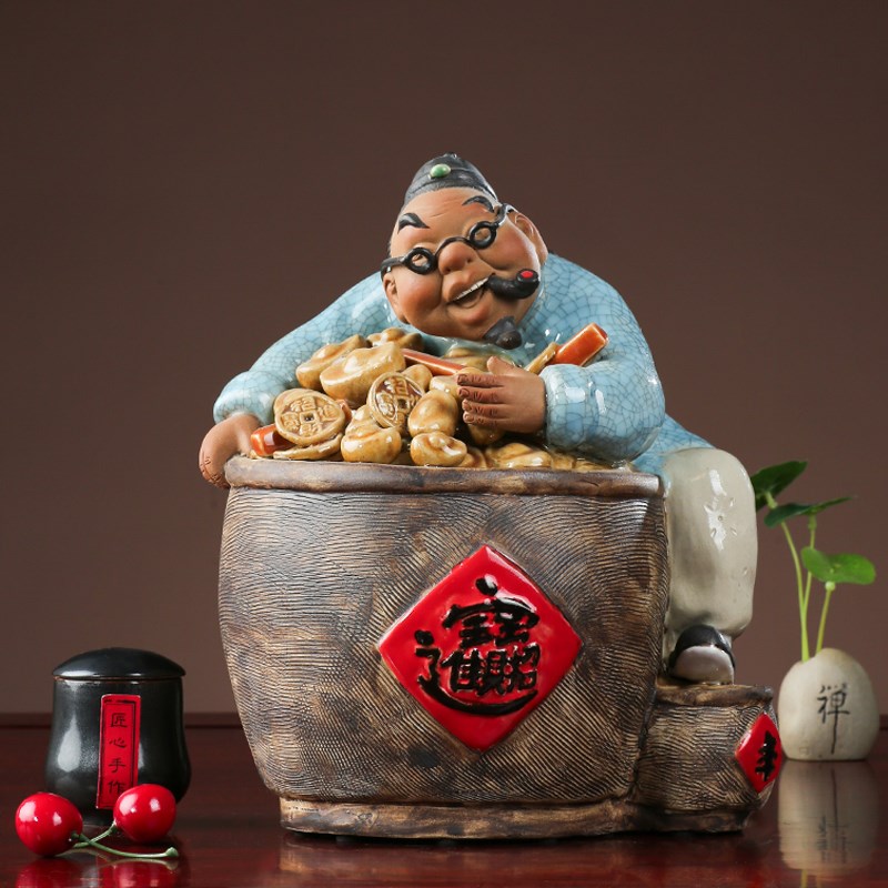 石湾陶瓷公仔工艺礼精品中式家居门客厅招财装饰人物盘满钵满摆件