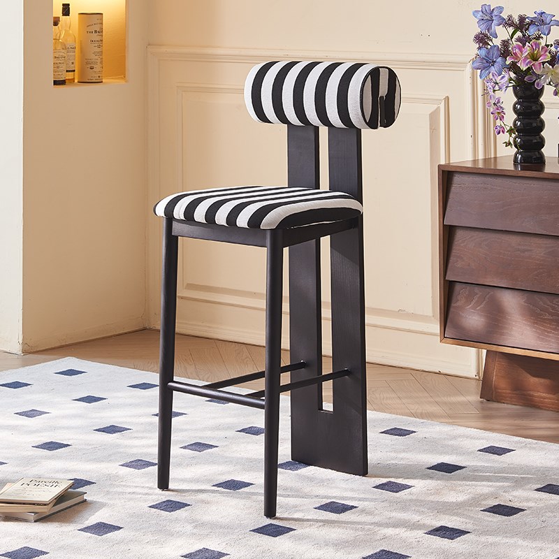 实木吧台椅家用客厅靠背高脚椅 酒吧高脚凳 法式中古岛台前台椅子
