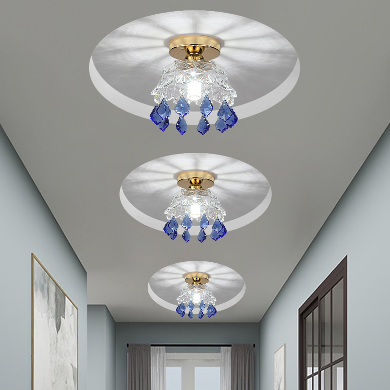 水晶入户吸顶灯过道走廊灯现代玄关灯家用吊珠灯蓝色明装三色灯具