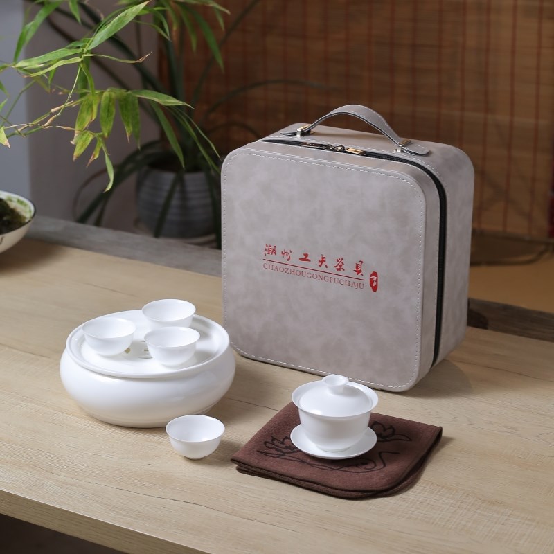 纪森潮州高端工夫茶具高温白瓷祖母绿龙泉釉盖碗杯子高骨旅行套装