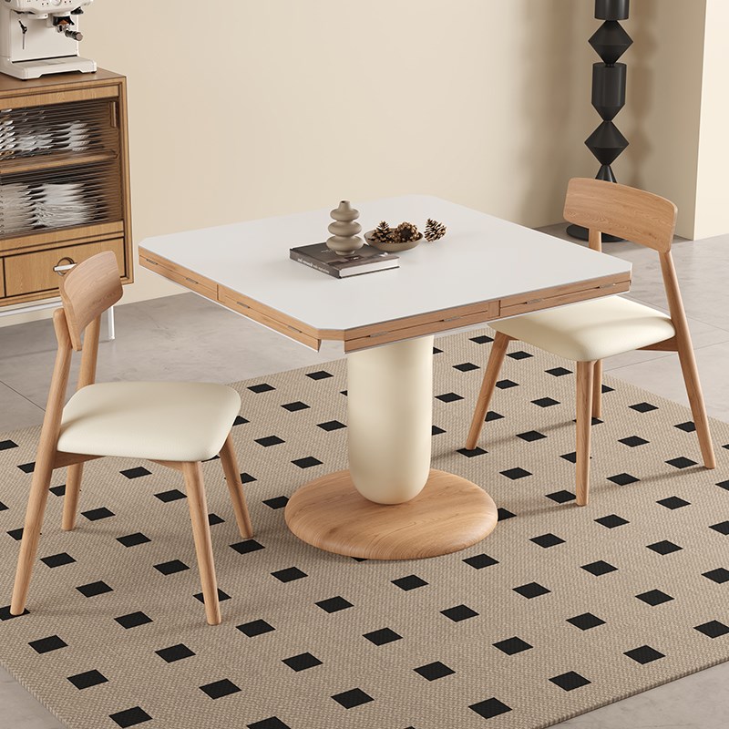 折叠奶油风岩板实木可折叠餐桌椅组合家用小户型靠墙方桌变圆桌