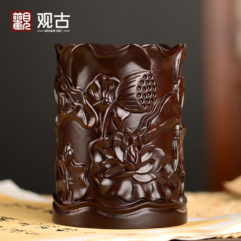 黑檀木雕荷花木质笔筒工艺品办公室书桌家居中式笔筒摆件商务送礼