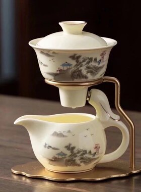 陶瓷全自动懒人茶具防烫磁吸出水功夫茶具羊脂玉盖碗整套