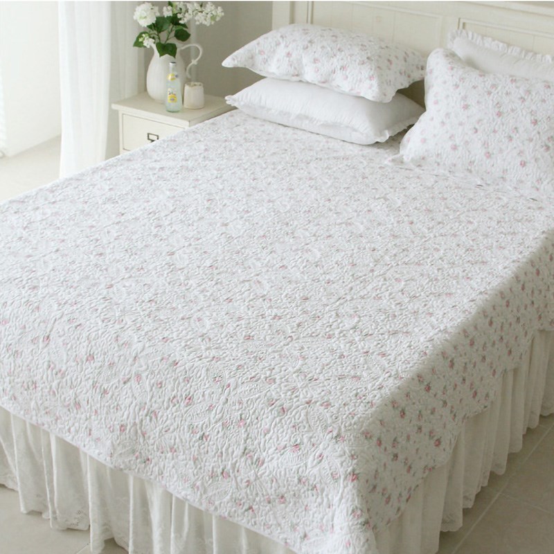 韩国进口床单双人田园小碎花白色夹棉四季床盖全棉床褥夏季被家用